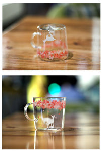 Japanese Sakura Glass Coffee Mug Cute Cat Deer Rabbit Tea Mug Heat Resistant Glass Tea Cup