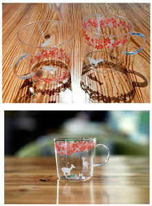 Japanese Sakura Glass Coffee Mug Cute Cat Deer Rabbit Tea Mug Heat Resistant Glass Tea Cup