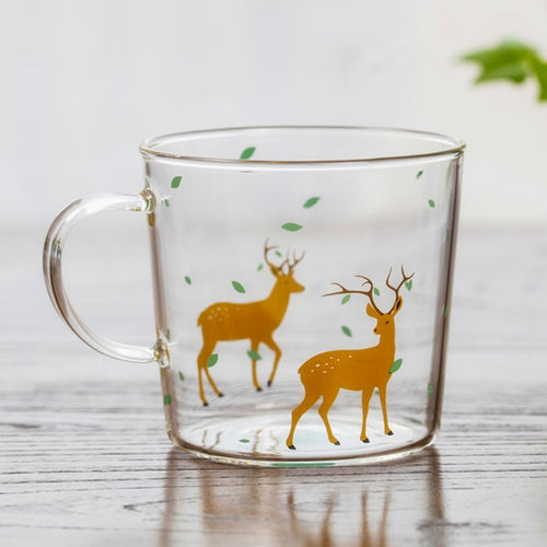 Japanese Sakura Glass Coffee Mug Cute Cat Deer Rabbit Tea Mug Heat Resistant Glass Tea Cup