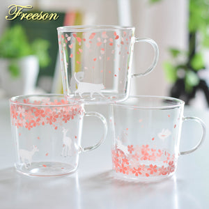 Japanese Sakura Glass Coffee Mug Cute Cat Deer Rabbit Tea Mug Heat Resistant Glass Tea Cup