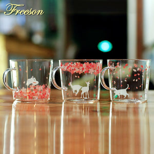 Japanese Sakura Glass Coffee Mug Cute Cat Deer Rabbit Tea Mug Heat Resistant Glass Tea Cup